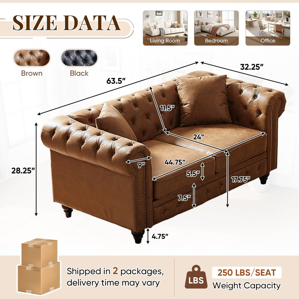 Chesterfield Sofa, Loveseat High-Tech Fabric Couch with Pillows & Button Tufted Back, Mid Century Modern Couch with