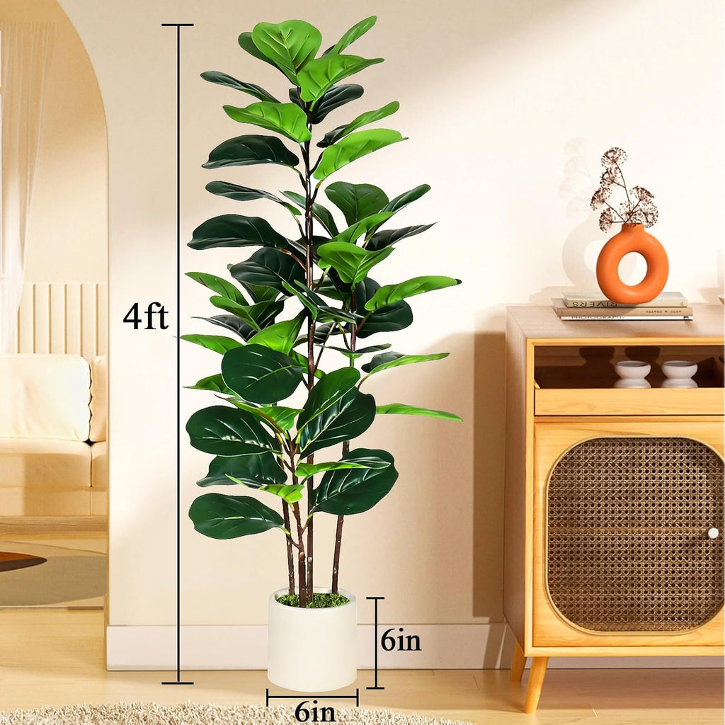 Artificial Fiddle Leaf Fig Tree with White Planter, 4FT Fake Plant with 4 Natural Wood Trunks and Faux Moss, Tall