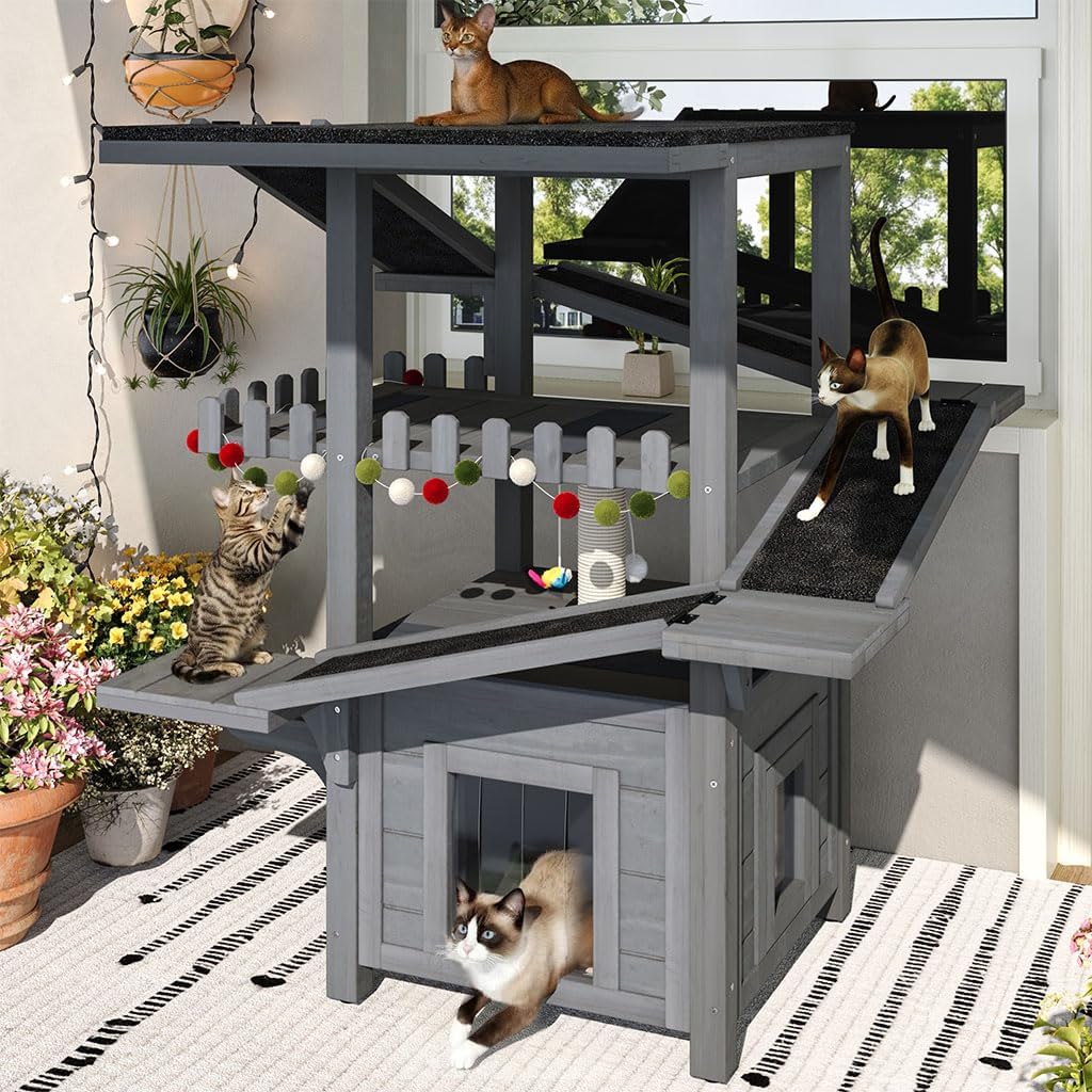 4-Tier Outdoor Cat House Weatherproof Wooden Outside Cat Tree Tower with Ramps, Scratching Post & Enclosed Shelter
