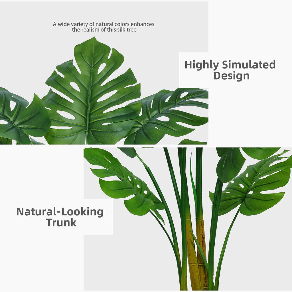Artificial Monstera Deliciosa Plant 5FT - Faux Tropical Palm Tree with White Tall Planter - Fake Swiss Cheese Floor