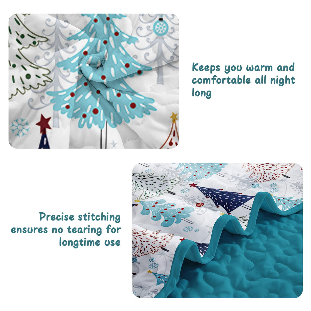 Queen Christmas Quilt Set, Blue Xmas Tree Quilt