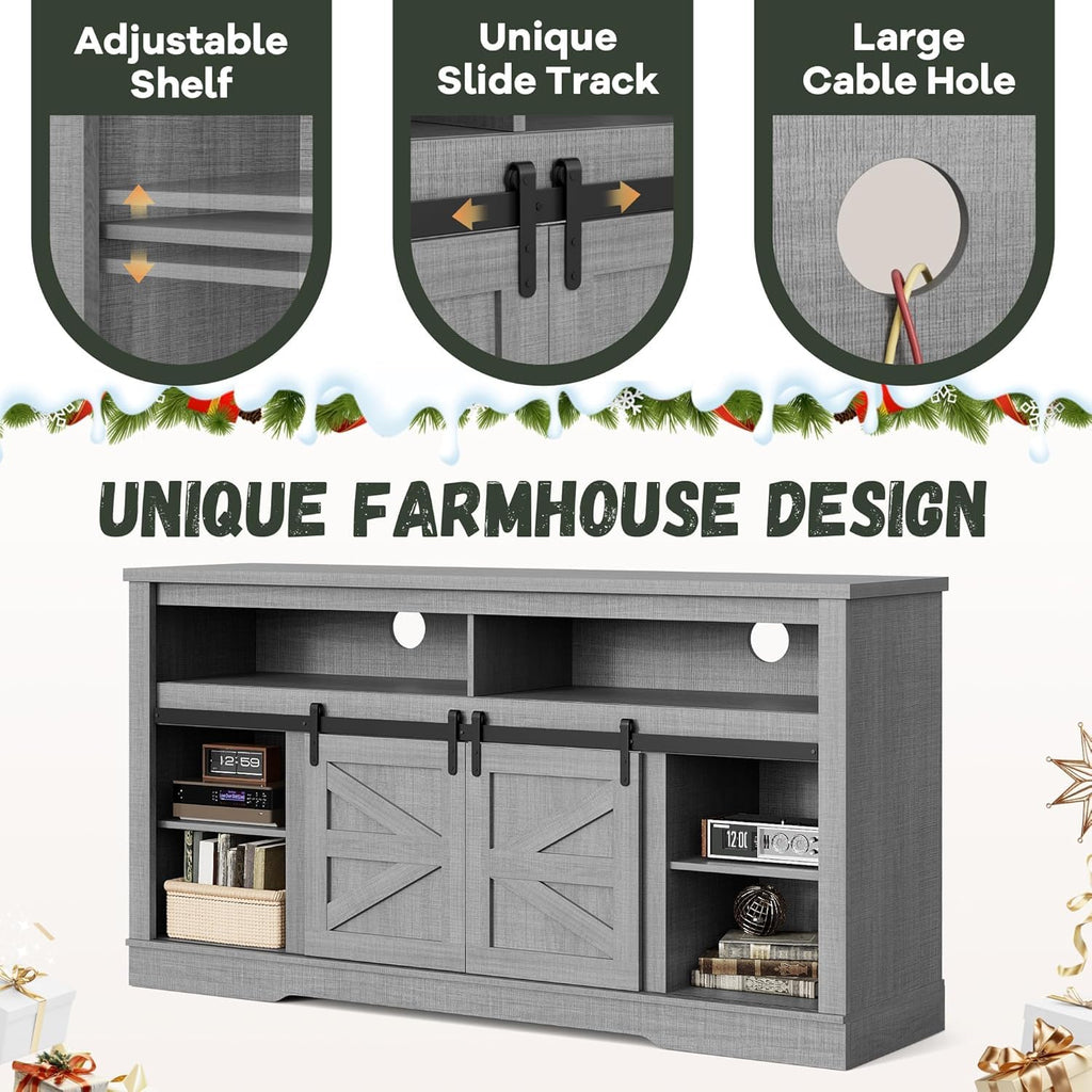 Farmhouse Fireplace TV Stand for Television up to 65+ Inch, Gray | TV Console with Storage and Sliding Barn Doors
