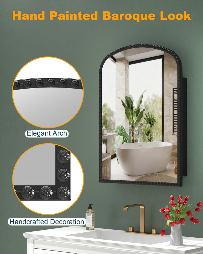 20"x28" Black Medicine Cabinet , Surface Mount or Recessed Medicine Cabinets with Storage and Arched Mirror