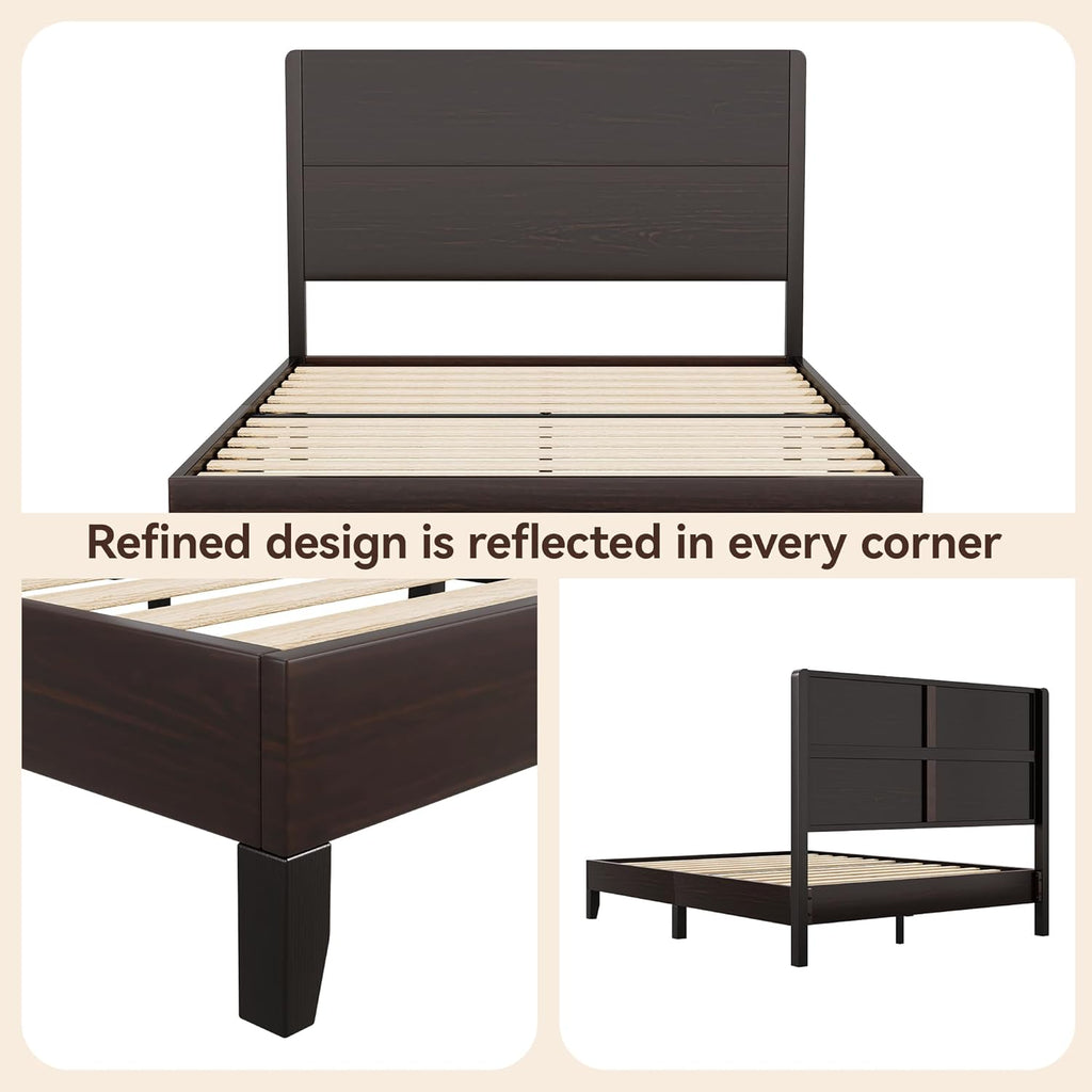 Wood Queen Bed Frame, Platform Bed with Tall Headboard, Solid Wood Slat Support, Noise-Free Mattress Foundation, No