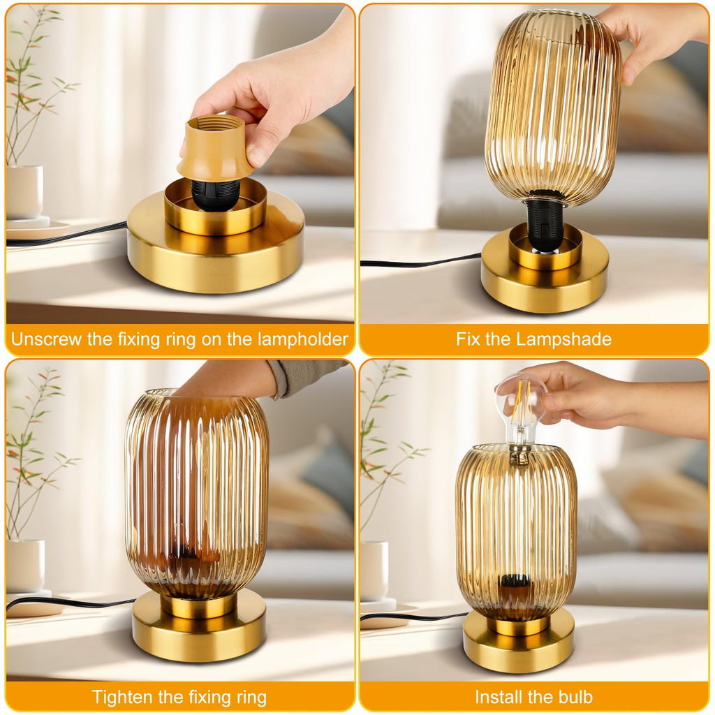 Mid Century Modern Table Lamp with Amber Ribbed Glass Shade, Touch Control & 3 Way Dimmable, Small Gold, Vintage