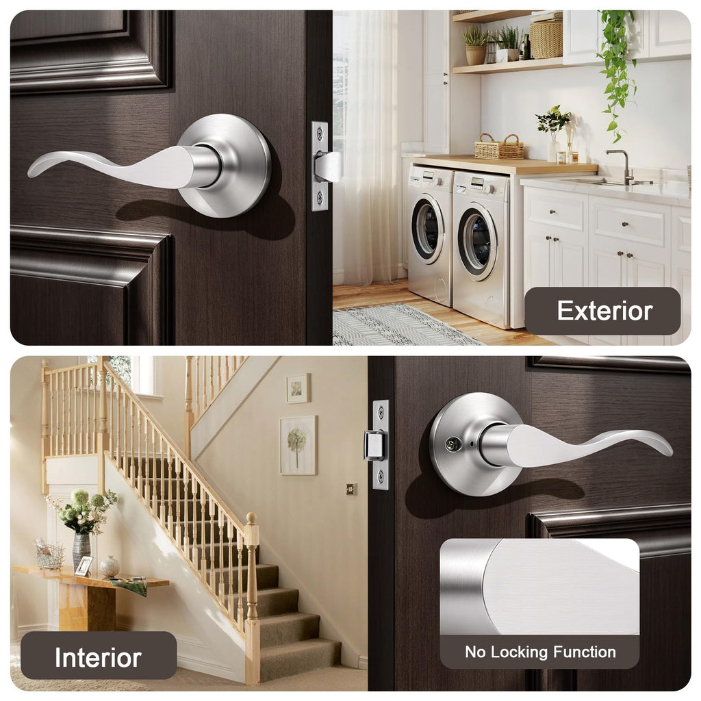 1 Pack Satin Nickel Modern Interior Passage Door Knobs, Keyless Door Handle & Closet, Wave Style Non-Locking Door