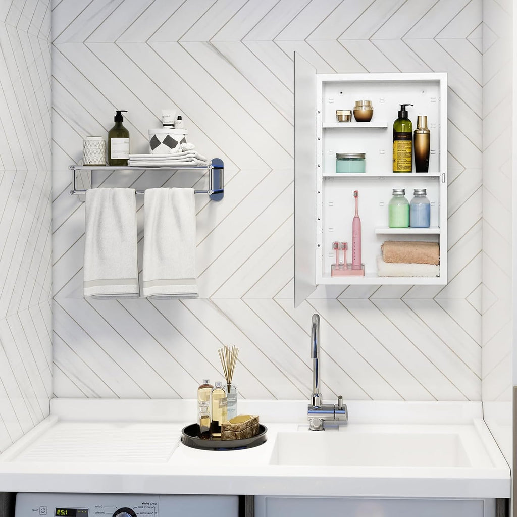 White 16x26 Medicine Cabinet, Beveled Mirror & Adjustable Staggered Shelves | Recessed or Surface Mount Bathroom