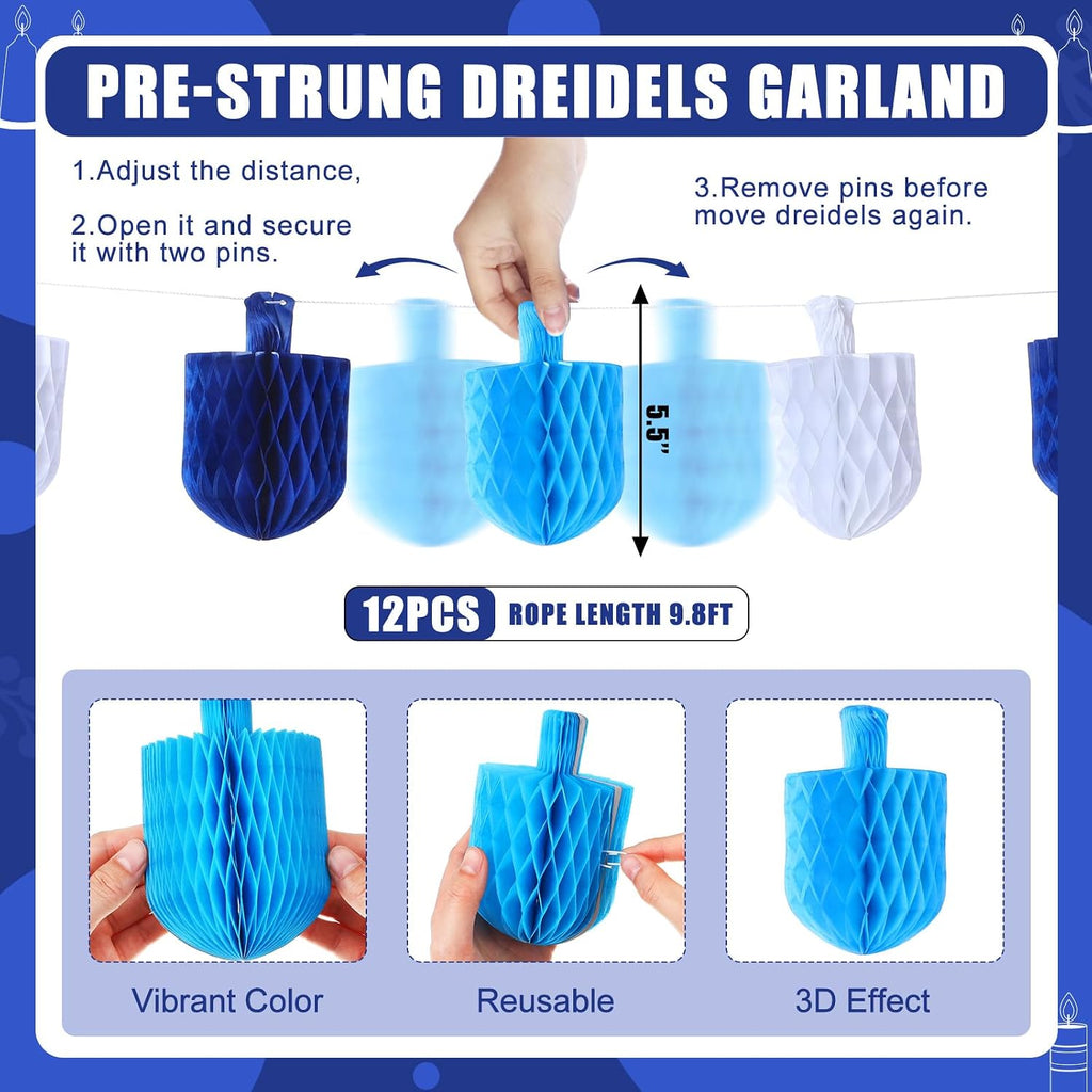 Hanukkah Decorations Garland 5.5'' Blue White Dreidels Honeycomb Ornaments Chanukah Hanging Decor for Hanukkah - Set of 12