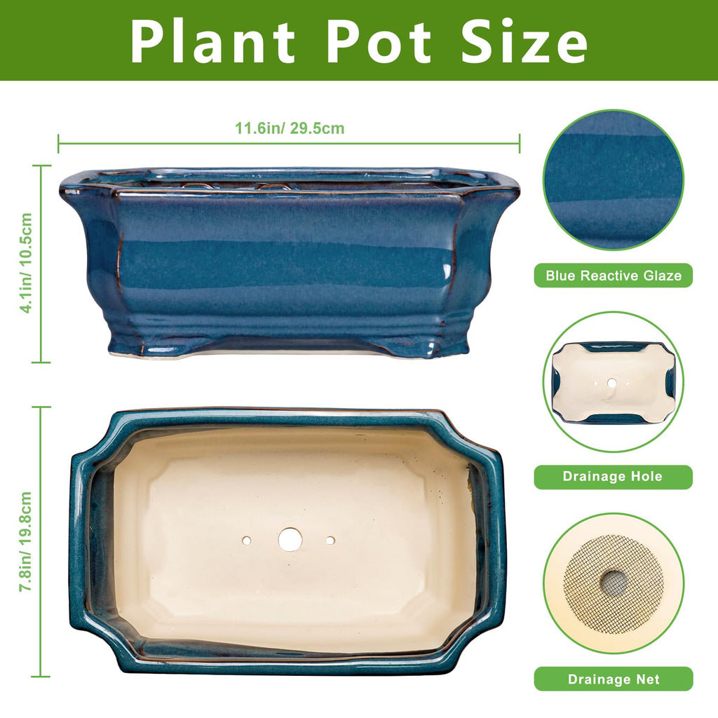 Bonsai Pots 11.6 Inch - Ceramic Succulent Pots with Drainage Hole, Rectangular Planter for Indoor Outdoor, Decorative