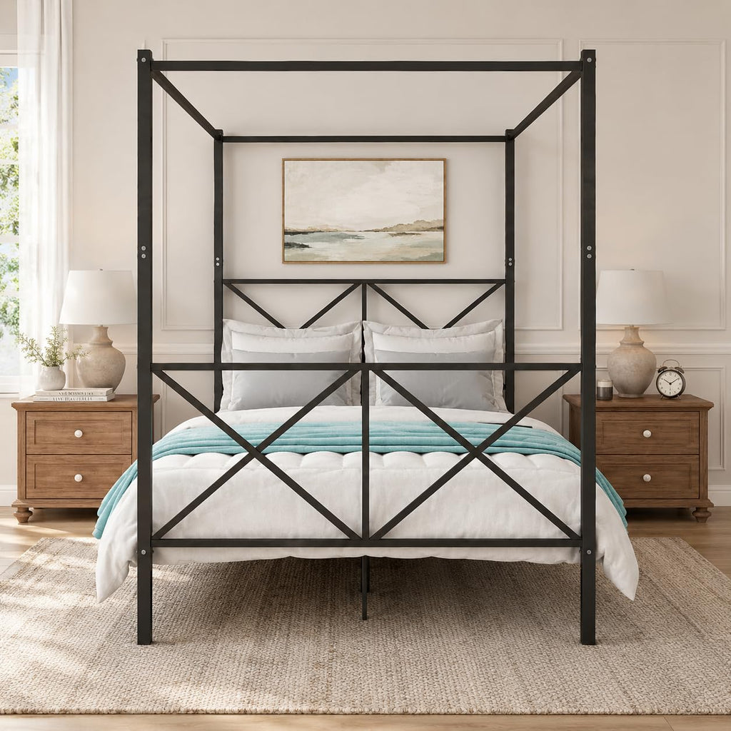 Canopy Bed Frame with Headboard & Footboard, Black Vintage Metal Canopy Platform Bed 14 Inch Platform, No