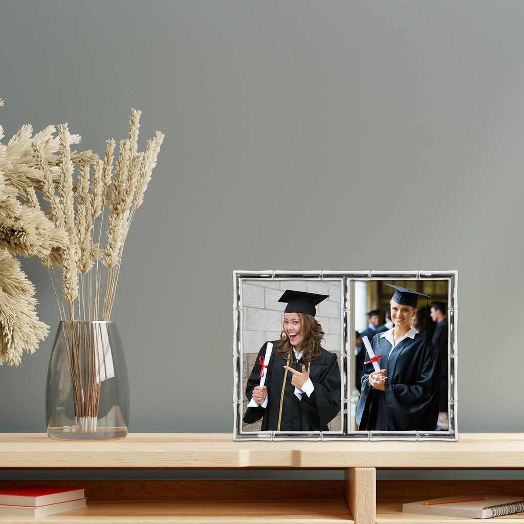 4x6 Double Silver Metal Picture Frame with Bamboo Design