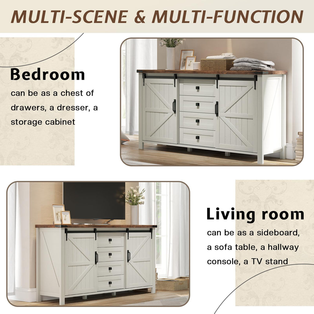 60" Farmhouse 4-Drawer with Barn Doors, Rustic White