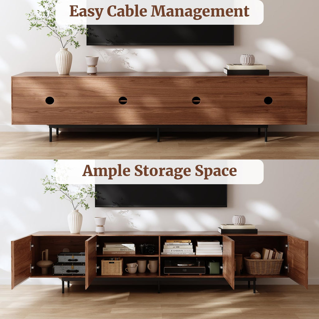 Modern Walnut TV Stand - Long Media Console with 4 Doors, Large Concealed Storage, Cable Management & Metal Legs