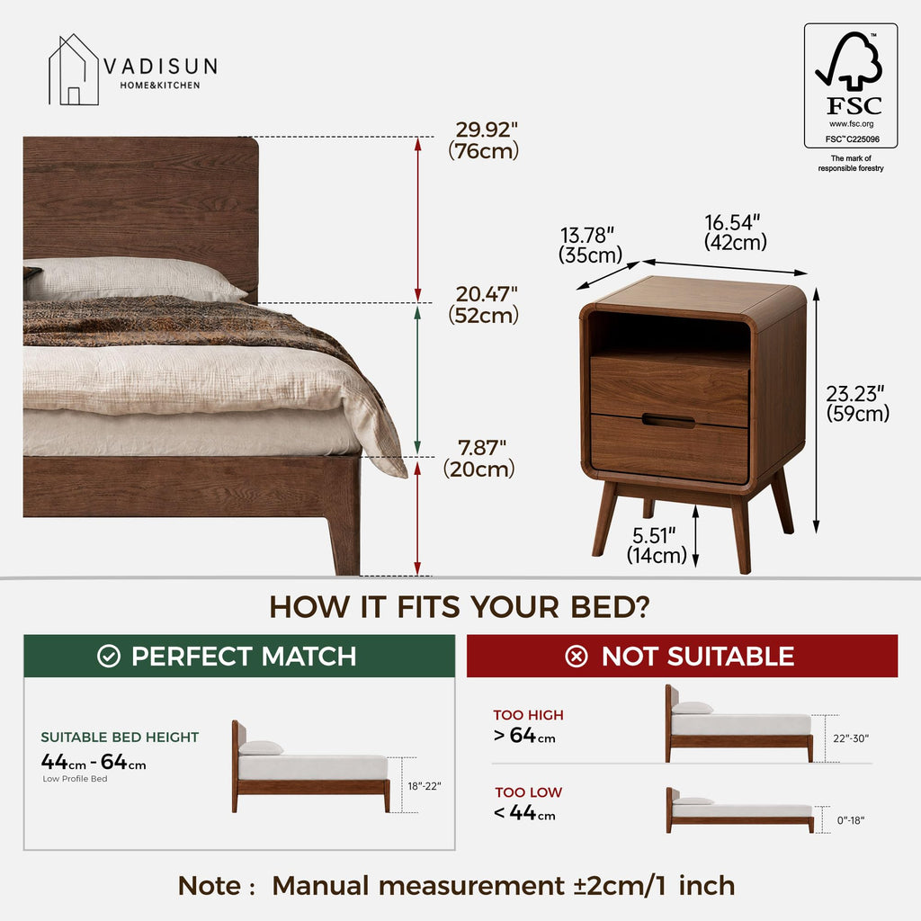 Walnut Nightstand Solid Wood Night Stand, Dark Wood Nightstands with 2 Drawers & Open Shelf, Mid Century Modern