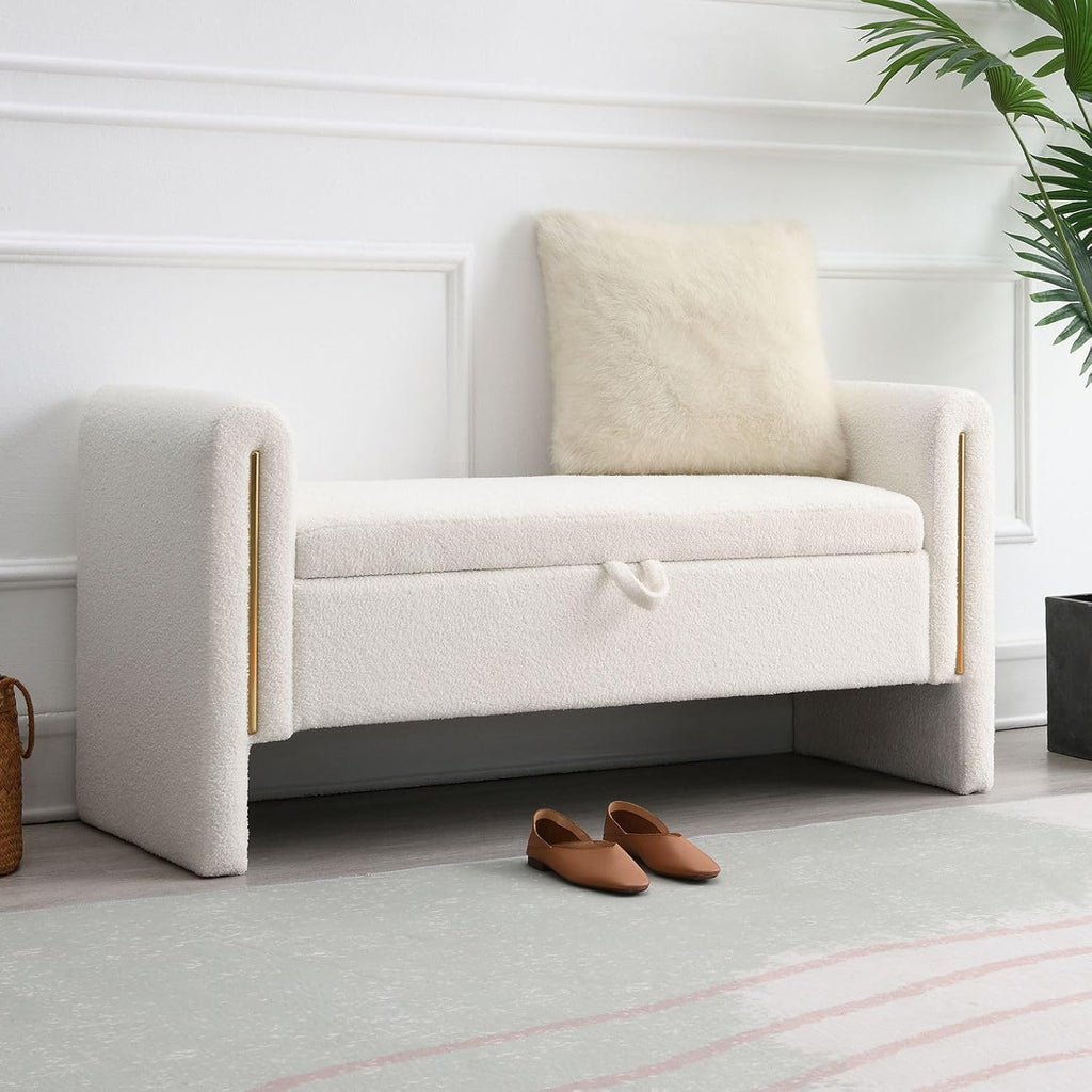 Modern 52" Storage Ottoman Bench, Upholstered End of Bed Storage Bench with Armrests, Entryway Bench, Teddy Foot Rest