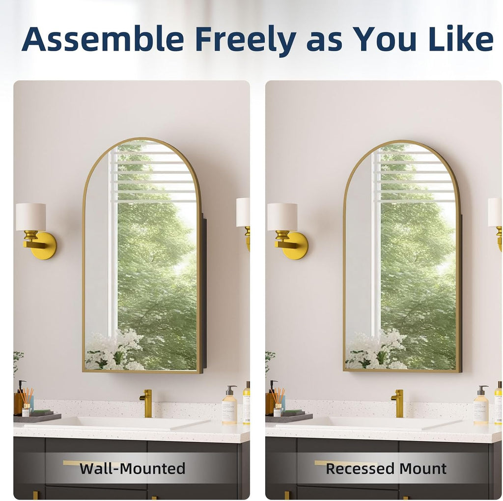 Medicine Cabinets , Brush Gold Arched Medicine Cabinet Recessed or Surface Wall-Mounted,Modern Bathroom Vanity Mirror
