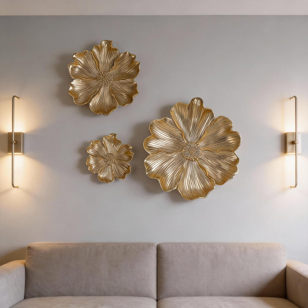 Gold Resin Floral Wall Art, Unique Wall Sculpture and Vintage Wall Décor, Perfect, Room, and Bathroom Wall - Set of 3