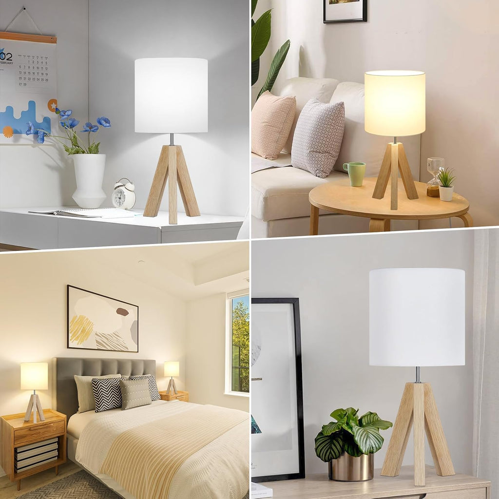 Small Beside Table Lamp, Wood Tripod Table Lamp with White Fabric Shade, Cute Boho Nightstand Minimalist Desk Lamp
