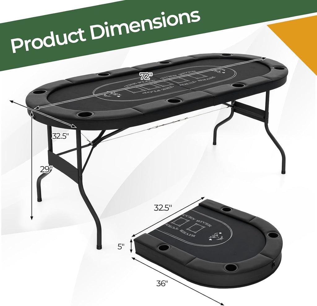 72" Poker Table Foldable, 8 Players Card Board Game Table w/Deep Metal Cup Holders, Casino Grade Felt, Portable