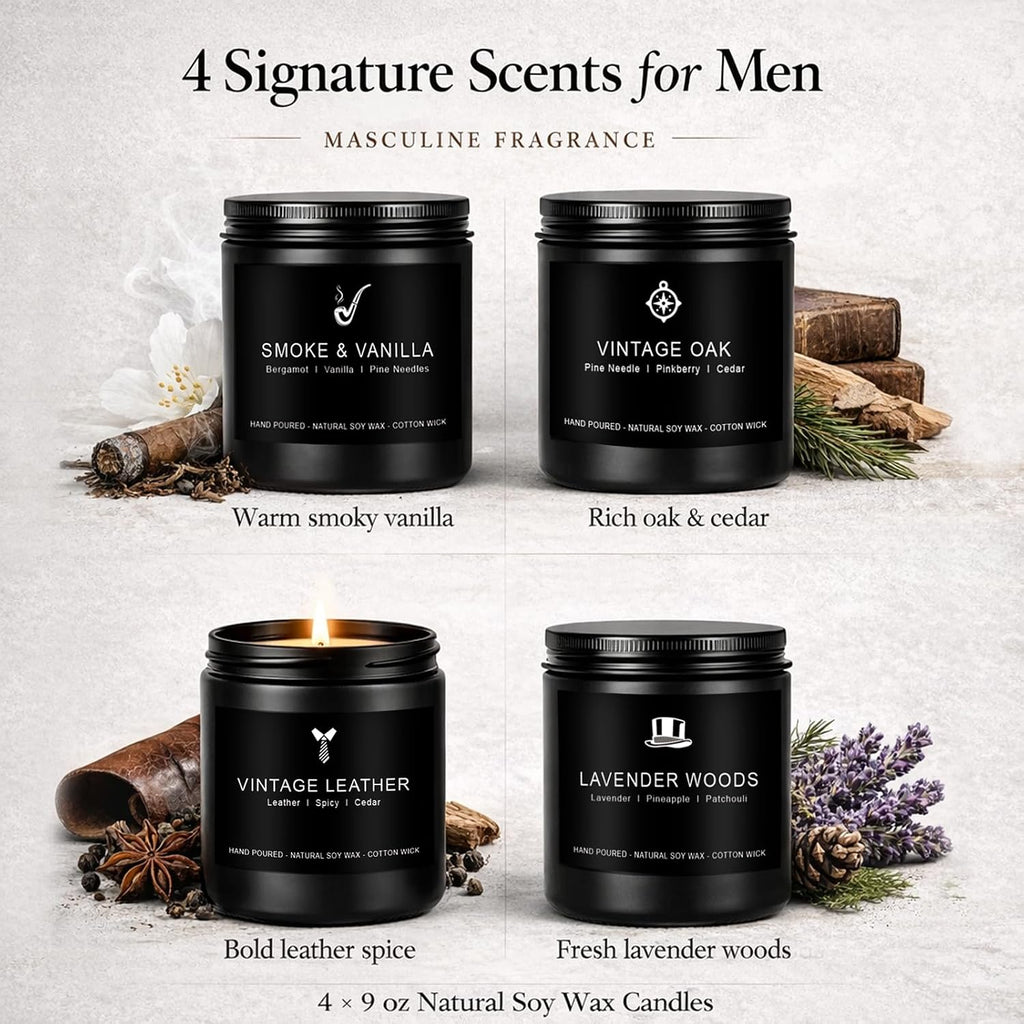 Scentes Candles Set for Men, 4 Pack Mens Masculine Soy Candles - Set of 4