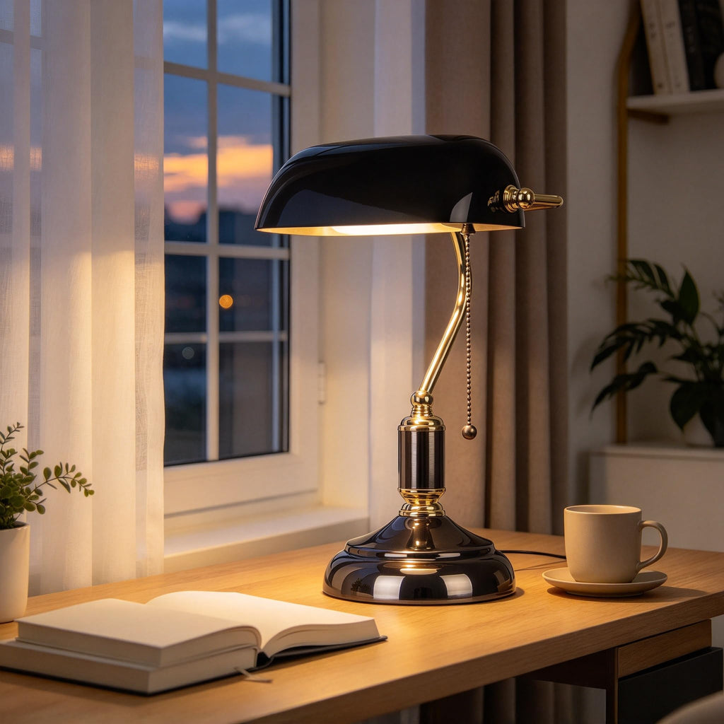 Bankers Desk Lamp with Pull Chain Switch Plug in Fixture, Black Glass Shade Desk Lamps, Golden and Black E26 Base