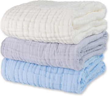 Muslin Baby Bath Towels Set 3 Pack,Large 40"x40",6Layer Natural Cotton,Blue