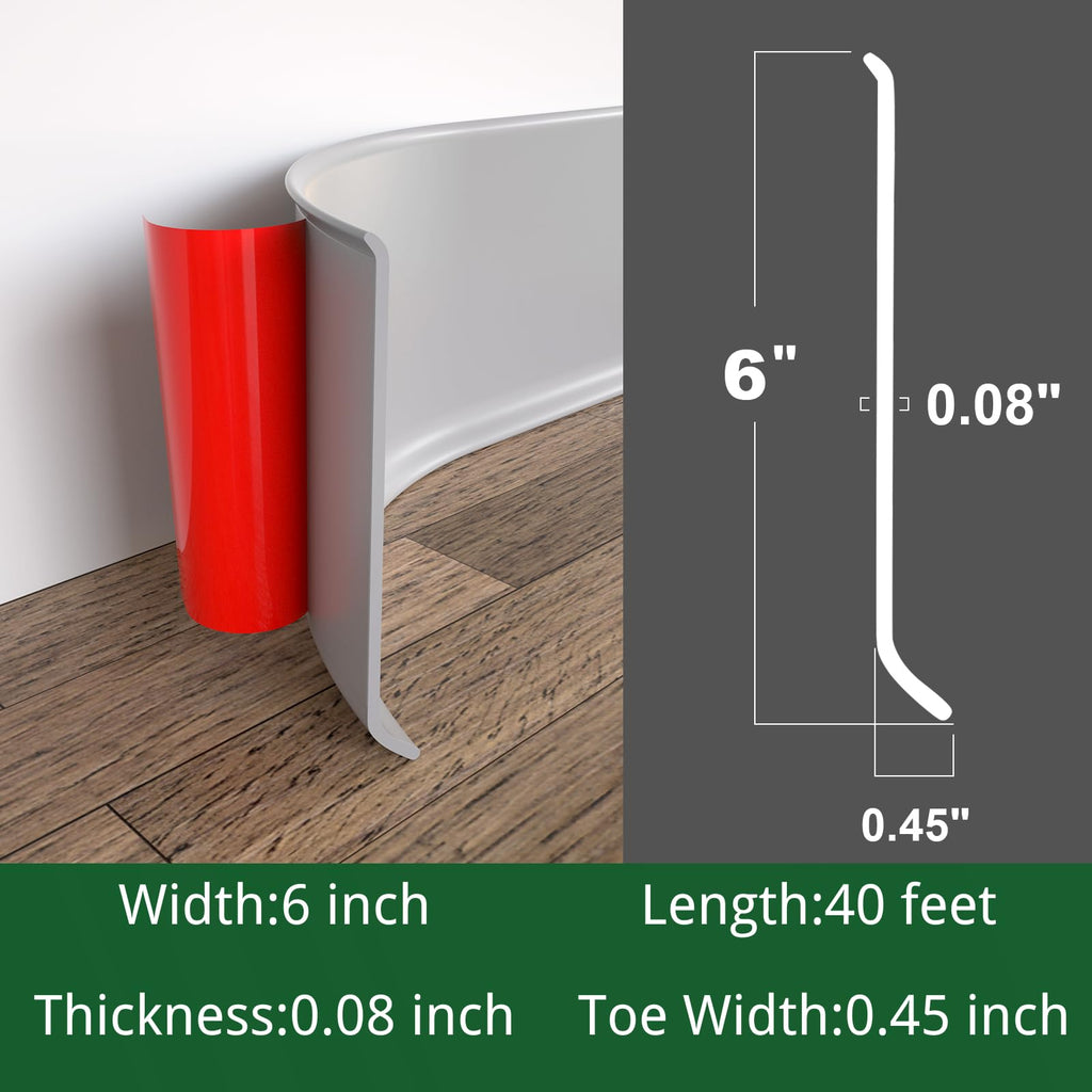 Peel and Stick Rubber Baseboard Molding, 6 Inch x 40 Feet, Gray