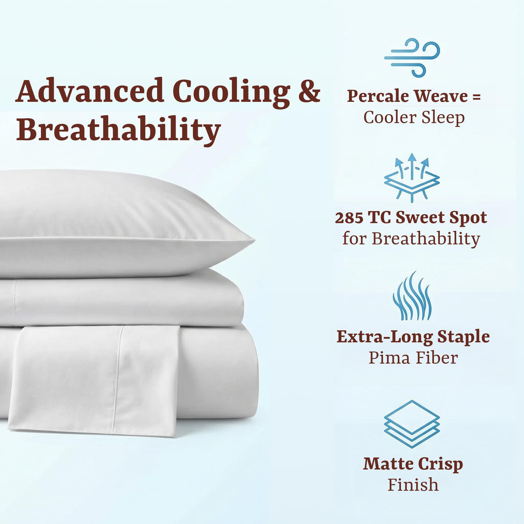 285 Thread Count Percale King Sheet Set - 100% Peruvian Pima Cotton, 4 Piece (Flat, Fitted, 2 Pillowcases) - Cooling