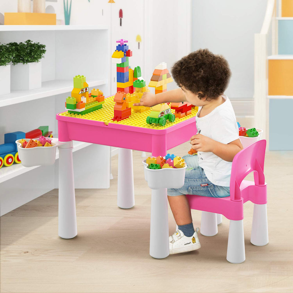 Toddler Building Table Set: 1 Chair 128 Blocks 4 Storage Bin Pink