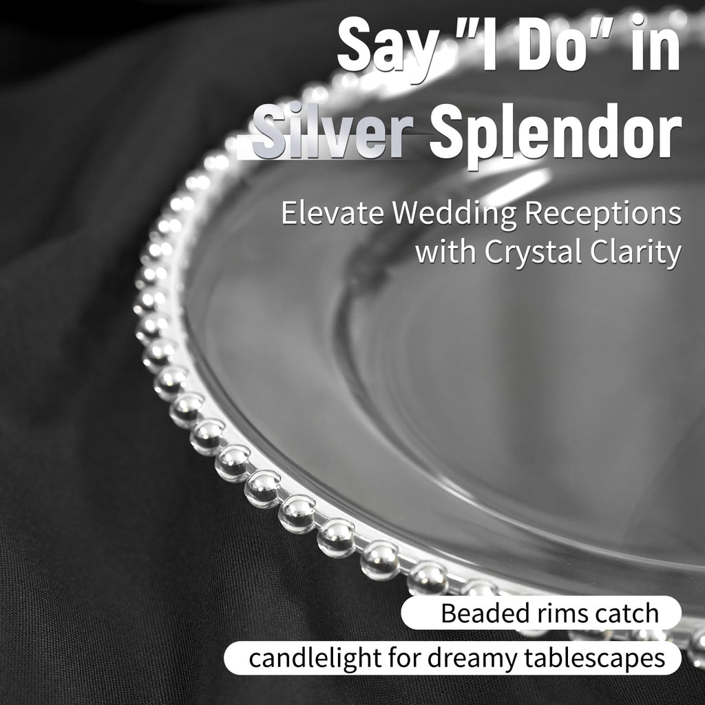 10Pcs Silver Rim Clear Charger Plates Bulk Wedding - 13" Premium Clear Plastic Chargers with Silver Beaded