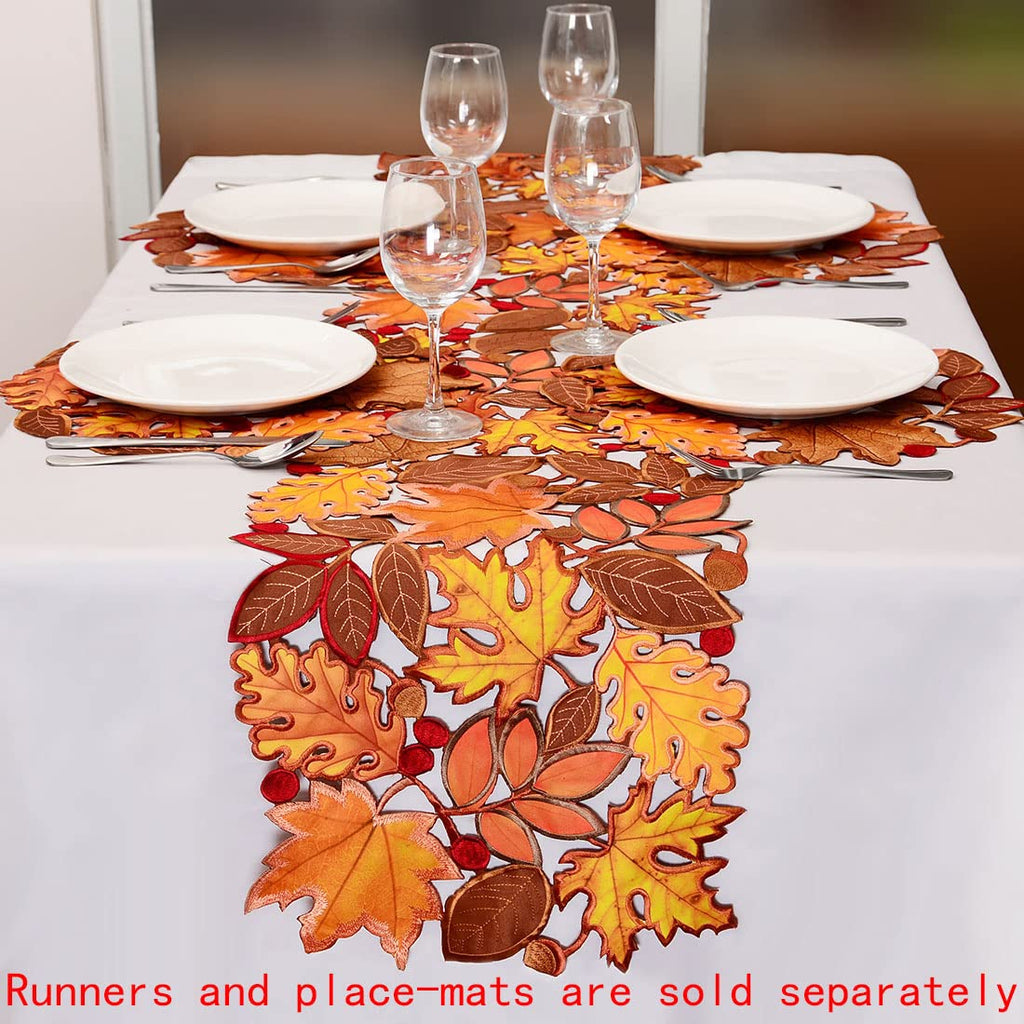 Embroidered Fall Leaves Table Runner for Thanksgiving, Autumn Harvest Decorations (14 × 34 inches)