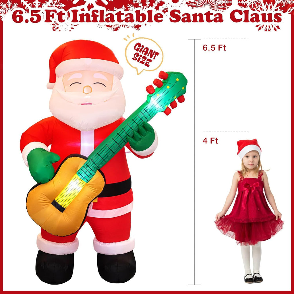 6.5 FT Christmas Inflatable Santa Claus with Guitar, Blow Up Santa Christmas Decorations Outdoor, Unique Lighted Xmas