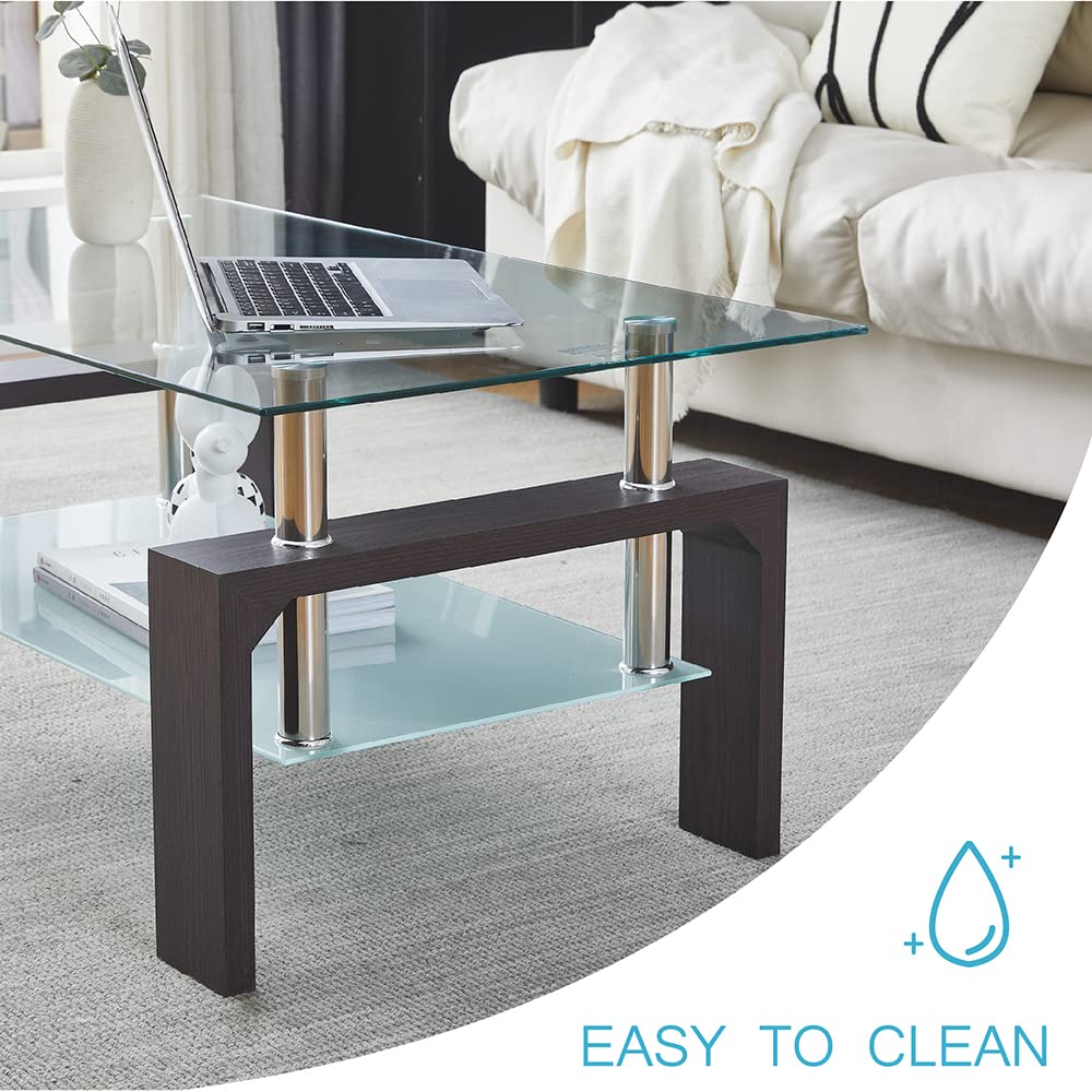 Walnut Rectangular Coffee Table, 39.5in x 23.5in x 17.5in, Glass Tabletop with Lower Shelf, Adjustable Bottom Corners