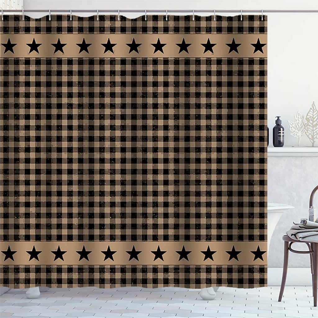 Black and Brown Buffalo Plaid, Vintage Buffalo Check Texas Star Western Primitive Country Rustic Farmhouse Bathroom