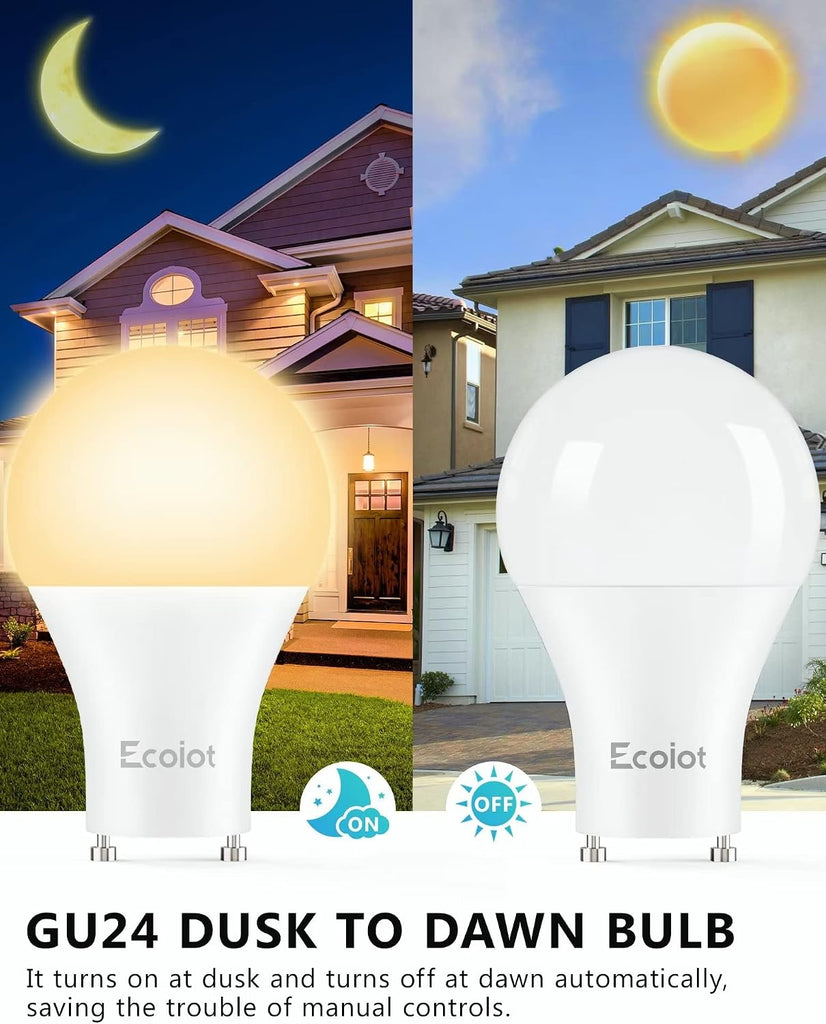 GU24 Dusk to Dawn Outdoor Light Bulbs,Light Sensor A19 LED Bulbs,Photocell Sensor, Automatic On/Off