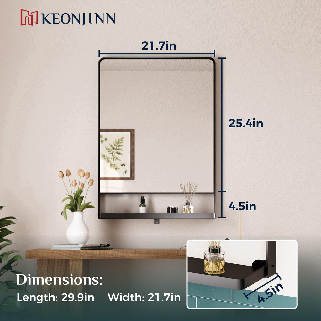 22 x 30 Inch Black Bathroom Mirror with Shelf, Rust-Resistant