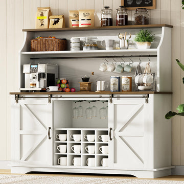 55" Farmhouse Coffee Bar Cabinet with 3 Tier Storage Hutch, White