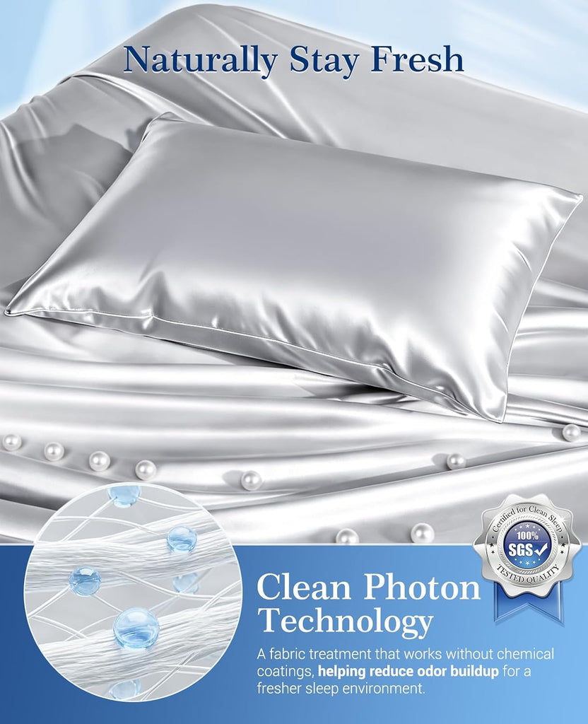 Cooling Satin Pillowcases for Hair & Skin with Zipper 20" x 30" and Cooling Blanket 90"x108" Gray Bundle