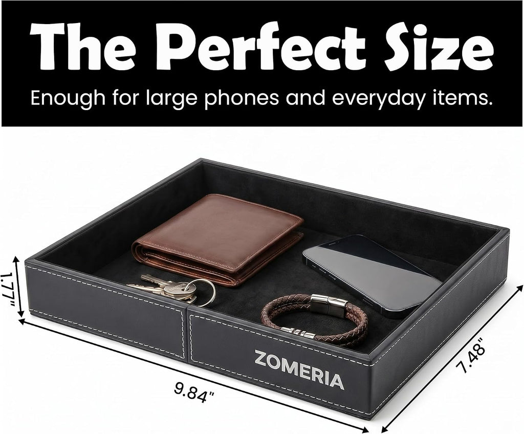 Valet Tray for Men - Premium Vegan Leather Nightstand Organizer and Catchall Tray for Wallet, Phone, Keys, Watch