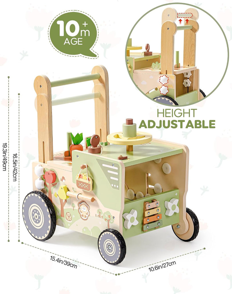 Wooden Baby Walker Push Toy for Toddlers, Baby Push Walker with Wheels, Farm-Themed Activity Center for Girls & Boys