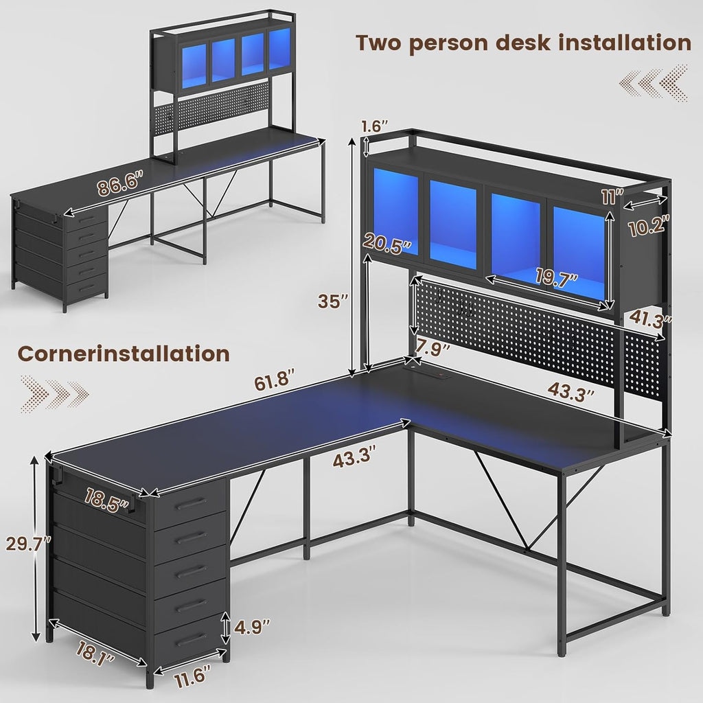 L Shaped Gaming Corner Desk with Drawers, Hutch and Storage Shelves | Reversible Computer Desk, Gaming Desk with