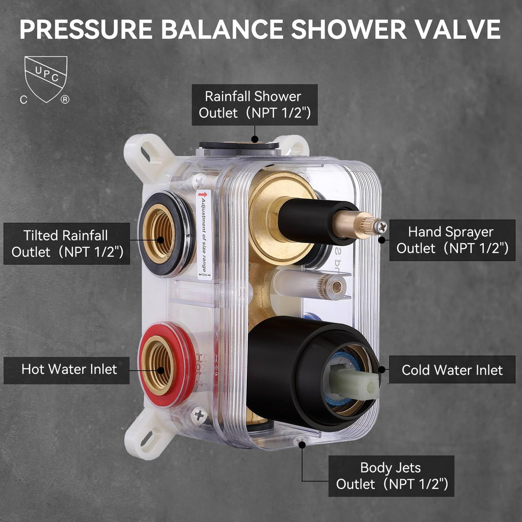 Shower System Matte Black Dual Shower Head with Body Jets, Four Modes Shower Faucet Set Ceiling Mount 12" Rain Shower