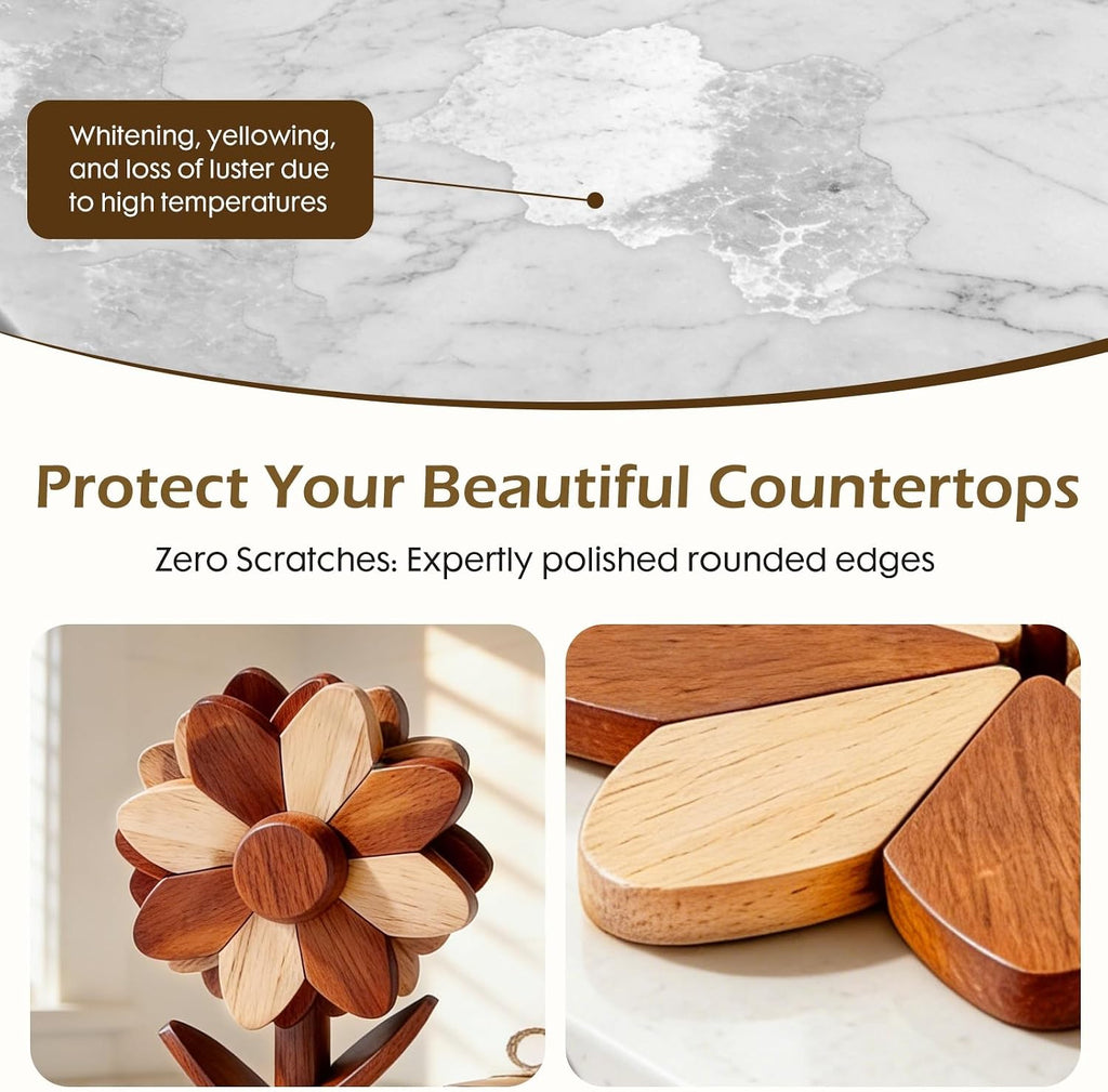 Wooden Trivets for Hot Dishes, Foldable Sunflower-Shaped, Thick Hot Pads for Countertops, Ceramic Pots - Set of 5