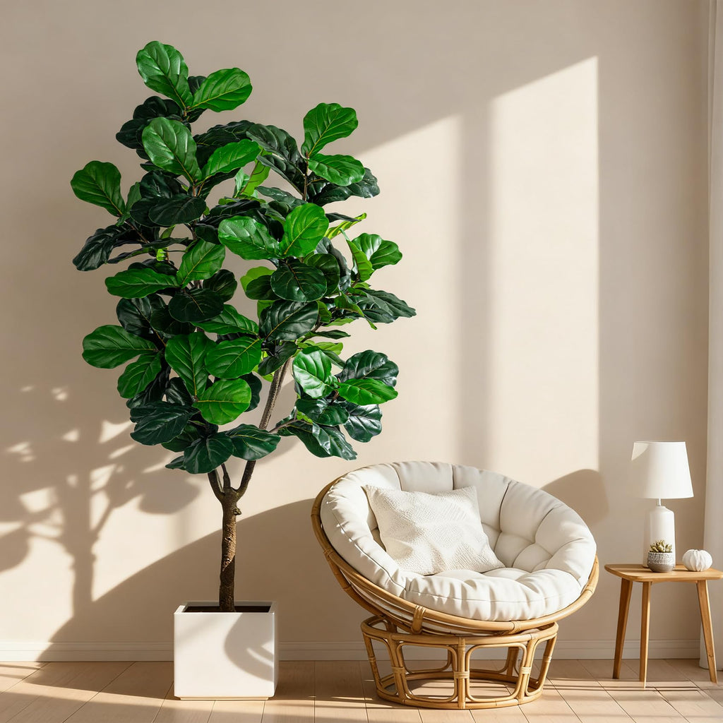 Artificial Fiddle Leaf Fig Tree 7ft with White Planter Realistic Fiddle Leaf Lyrata Plant Tall Fake Tree with