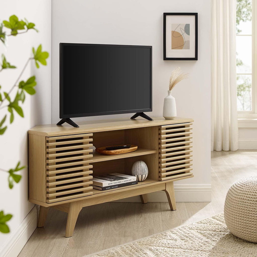 Render Mid-Century Modern Low Profile 46" Corner Media TV Stand in Oak, 15 x 46 x 23