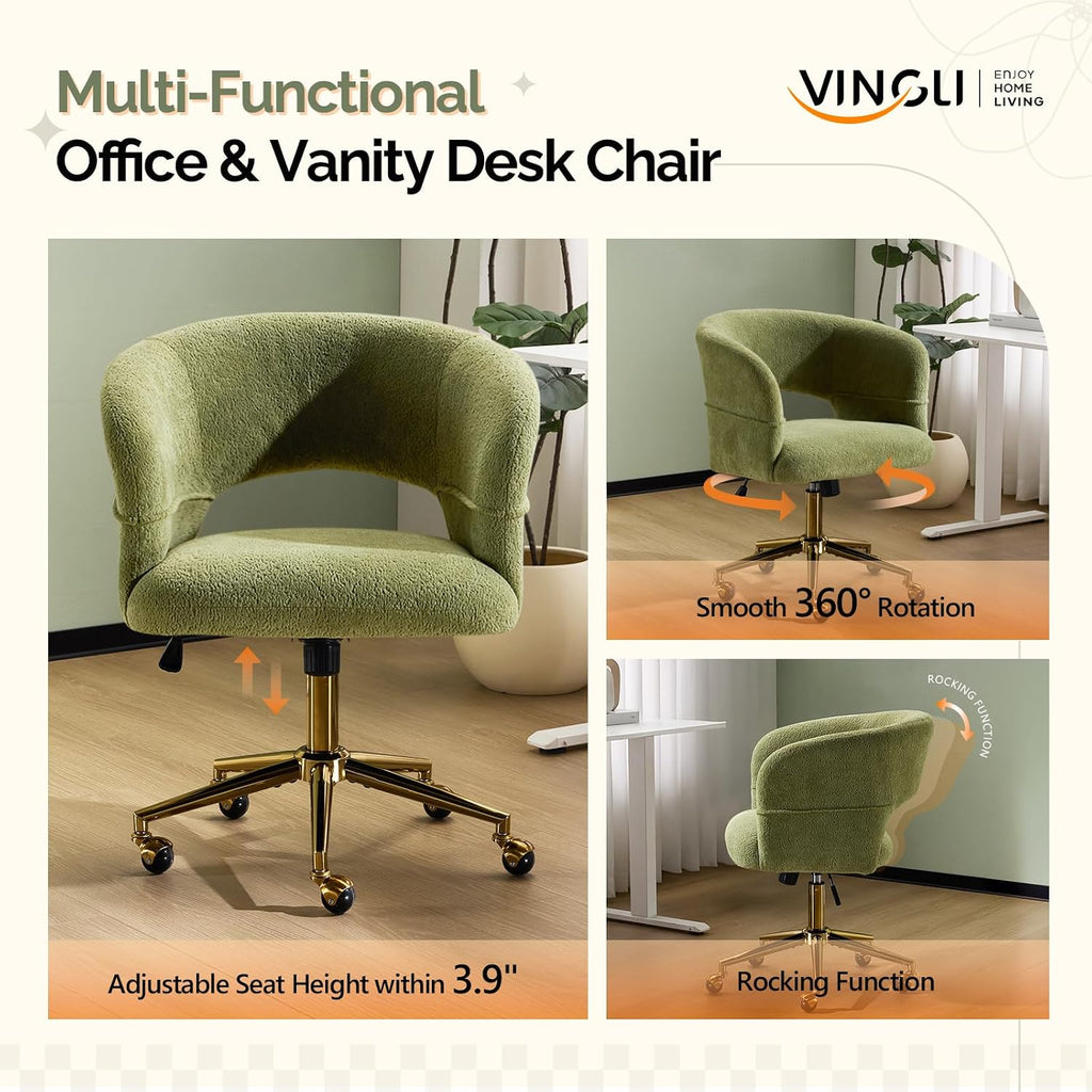 Modern Curved Office & Vanity Desk Chair, Cute Upholstered Nail Chair with Wheels & 360° Swivel & Club & Tilting &