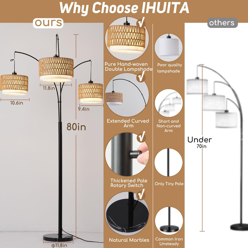3-Light Arc Rattan Floor Lamp, 80'' Boho Tree Lamp