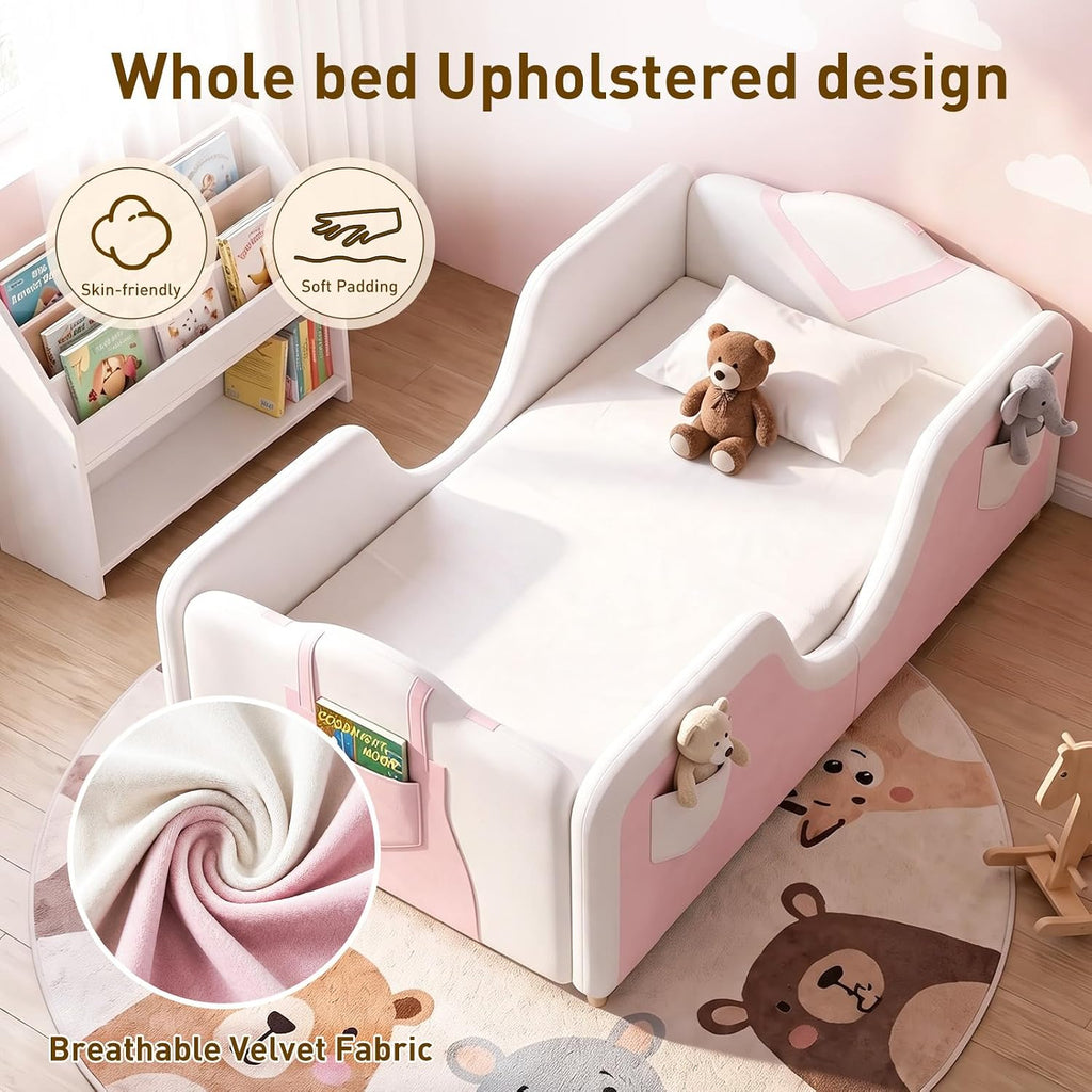 Toddler Bed, Toddler Floor Bed, Upholstered Toddler Bed Frame | Montessori Kid Bed, Wood Slats, 6 storage pockets