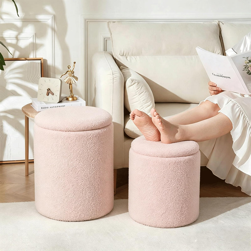 Sherpa Round Ottoman with Storage Set of 2 Pink