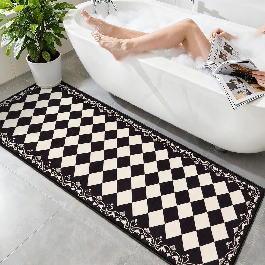 Checkered Kitchen Runner Rug 2x6 Vintage Modern Washable Runners s Non Slip Low Pile, Moroccan Framhouse Bathroom